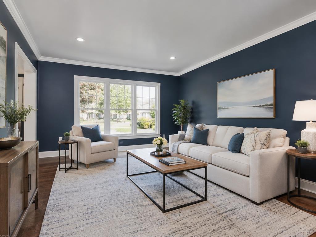 Living room with deep navy accent wall