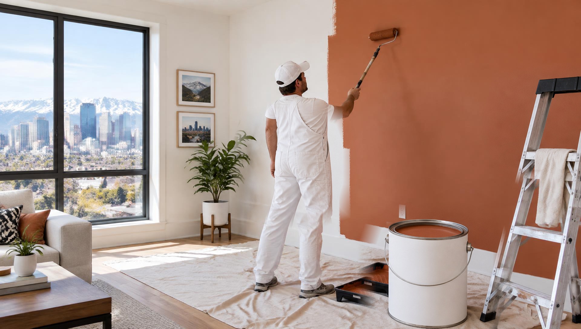 MileHigh painter rolling a red accent wall in a Denver home